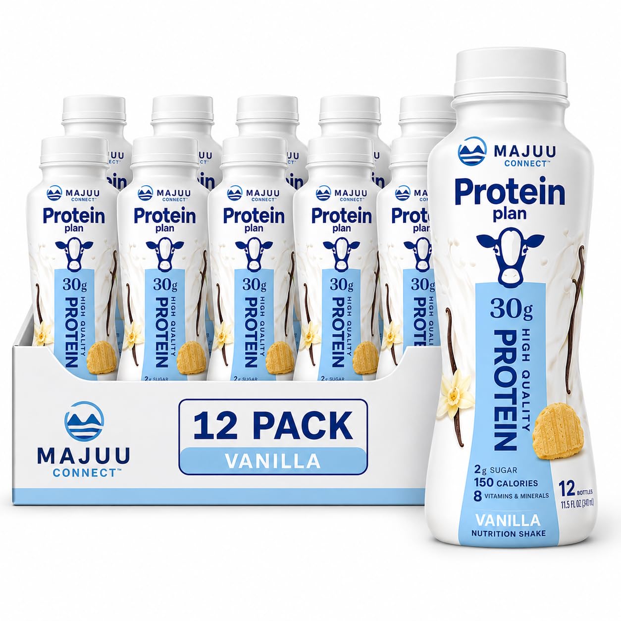 High Protein Chocolate Nutrition Shake - 30g Protein Per Botle |12 Pack (11.5 Fl Oz) Only 2g Sugar &150 Calories| Enriched With 8 Naturally Occouring Vitamins &Minerals | Ready-to-Drink Meal Replacement BY MAJUU CONNECT