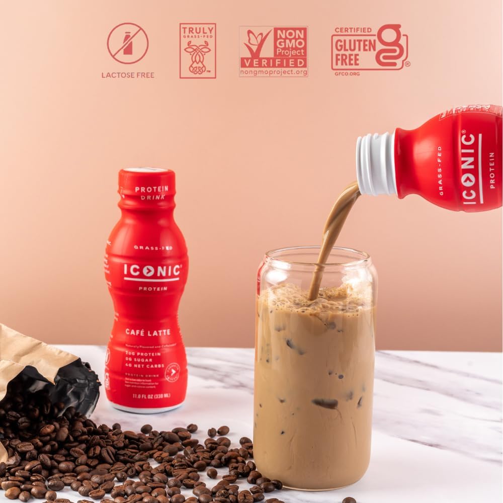 Iconic Protein Drinks, Café Latte (12 Pack) - Sugar Free & Low Carb - 20g Protein + 100mg Caffeine - Lactose Free, Gluten Free - Keto Friendly Protein Coffee