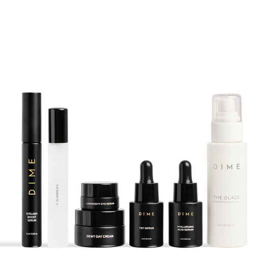 DIME Beauty Icons Collection - Travel Size Skincare Discovery Set with 7 Summers Perfume, Eyelash Boost Serum, Luminosity Eye, Glaze Body Oil, Hyaluronic Acid, Dewy Day Cream and TBT Serum