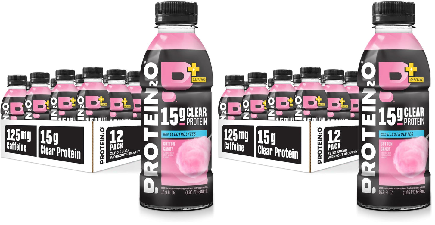 Protein2o 15g Whey Protein Isolate Hydration Drink Plus Energy & Focus, 350mg of Electrolytes, Vitamins B5 & B6, Sugar Free, Cotton Candy, 16.9 oz Bottle (Pack of 12)