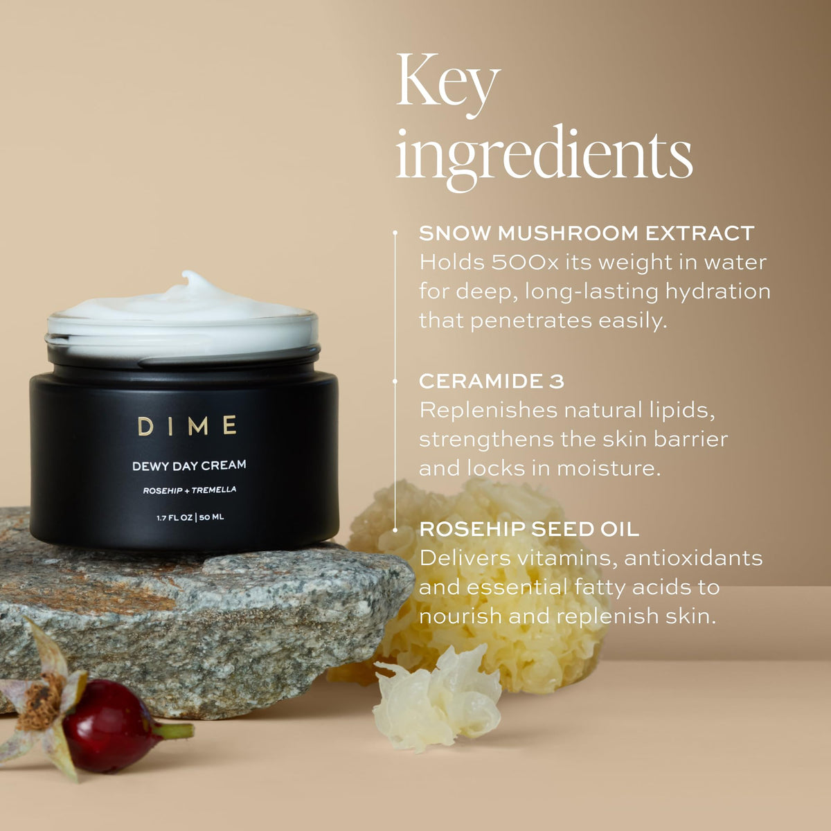 DIME Beauty Dewy Day Cream - Anti-Aging Hydrating Face Moisturizer with Rosehip Oil, Ceramides and Snow Mushroom for Dry and Combination Skin, Vegan and Cruelty-Free, 1.7 oz / 50 ml