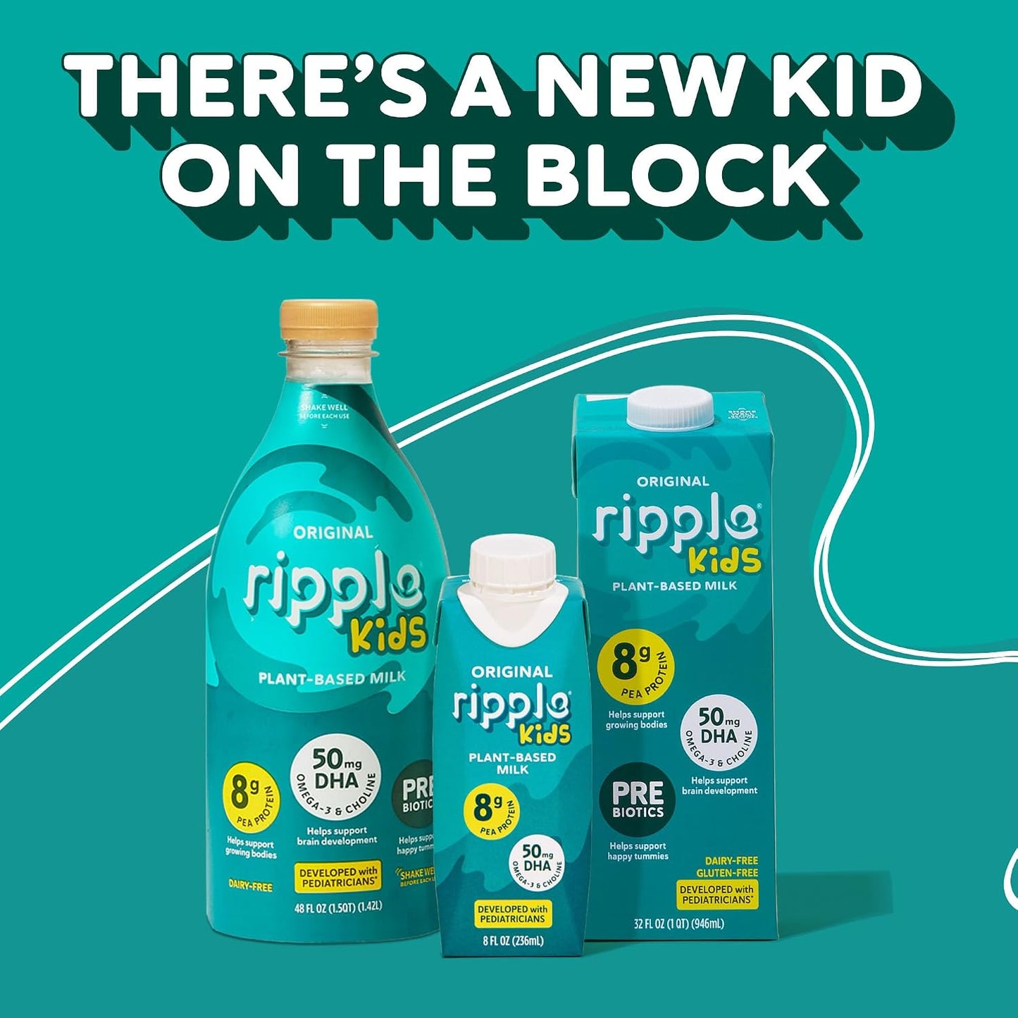 Ripple Kids Original Plant Based Milk | Pediatrician Recommended | 8g Pea Protein | Shelf Stable | Vegan & Non GMO Certififed | Dairy, Soy, Nut, Gluten, and Lactose Free | 8 Fl Oz (Pack of 12)