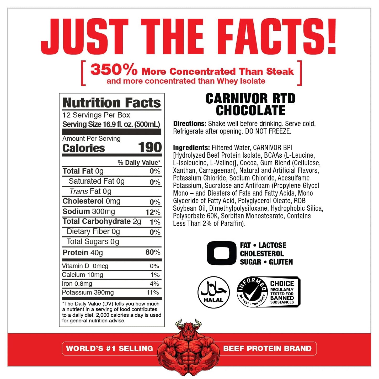MuscleMeds Carnivor RTD, Ready to Drink Protein, Lactose Free, Sugar Free, 40g Isolate Protein, Muscle Building, Recovery, Chocolate, 16.9 Fl Oz (Pack of 12)