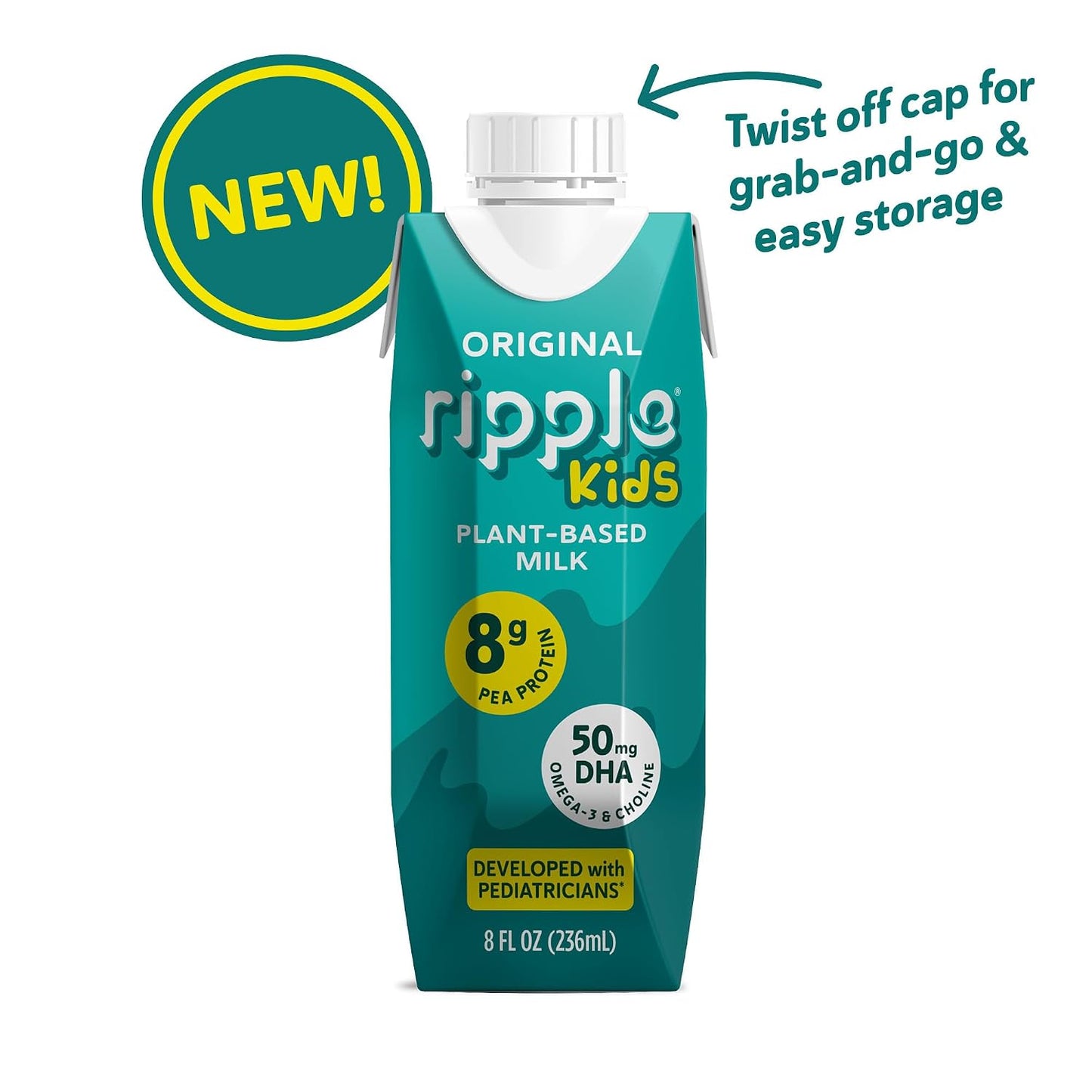 Ripple Kids Original Plant Based Milk | Pediatrician Recommended | 8g Pea Protein | Shelf Stable | Vegan & Non GMO Certififed | Dairy, Soy, Nut, Gluten, and Lactose Free | 8 Fl Oz (Pack of 12)