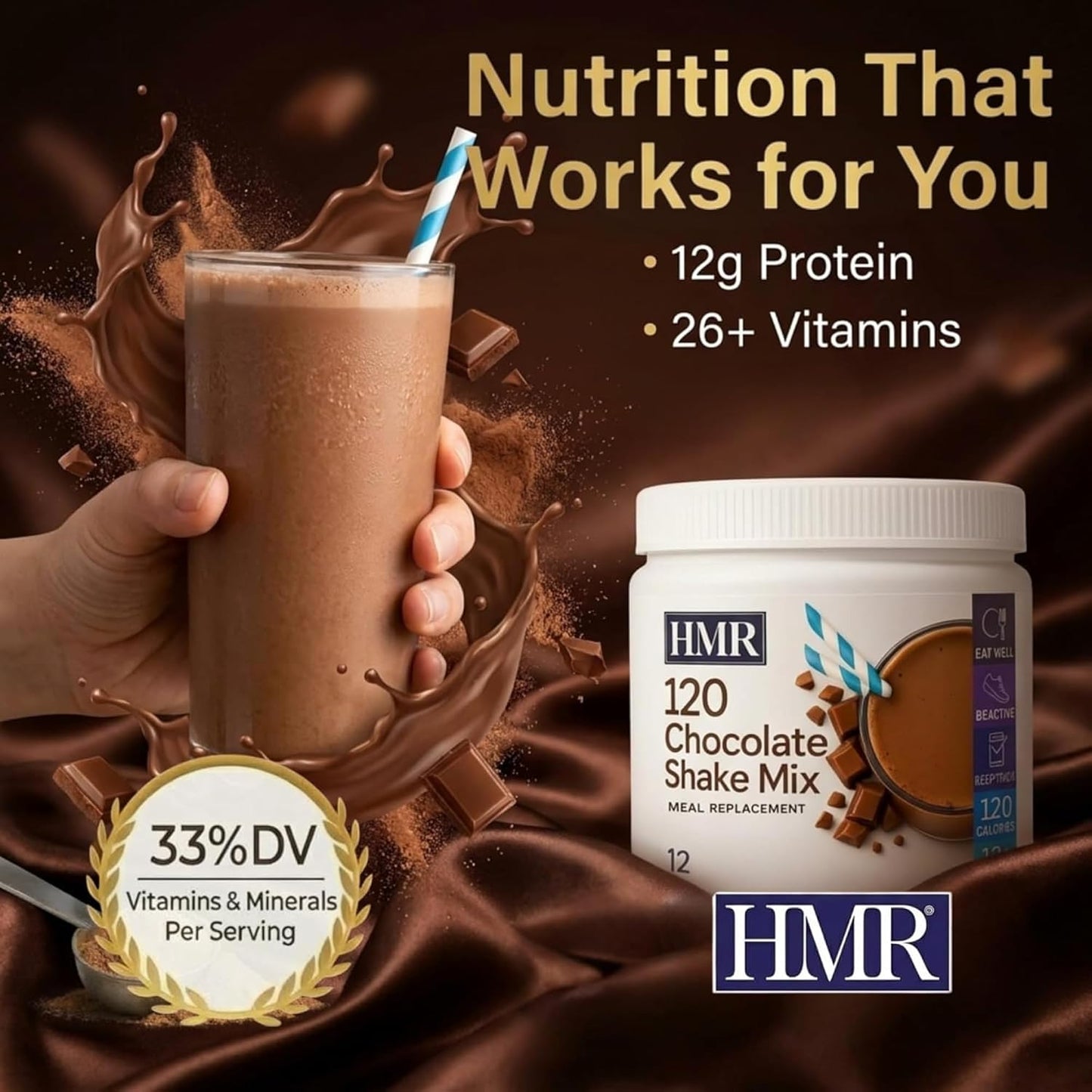 HMR 120 Chocolate Meal Replacement Shake Powder, 12 Servings | Meal Replacement Shake – Rich Chocolate Flavor – 120 Shake Powder – 12g Protein – 12 Servings