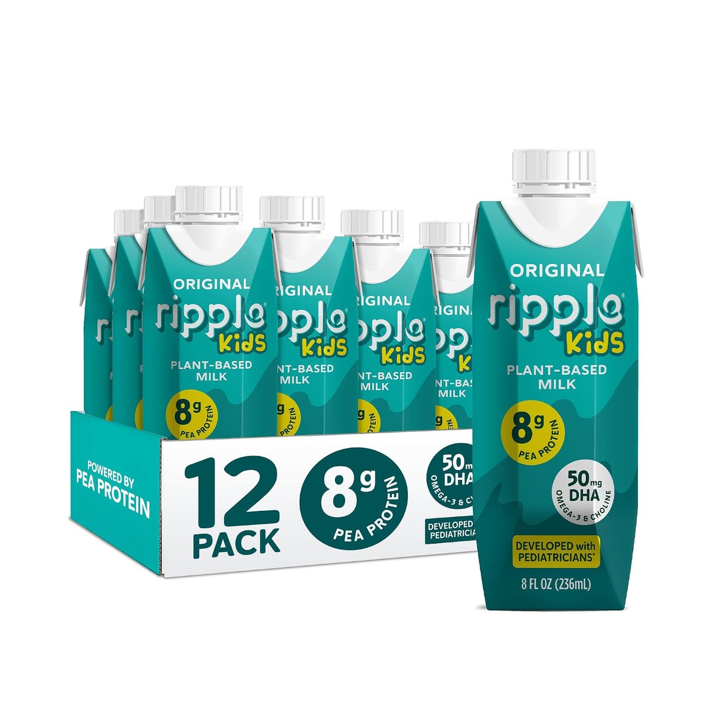 Ripple Kids Original Plant Based Milk | Pediatrician Recommended | 8g Pea Protein | Shelf Stable | Vegan & Non GMO Certififed | Dairy, Soy, Nut, Gluten, and Lactose Free | 8 Fl Oz (Pack of 12)
