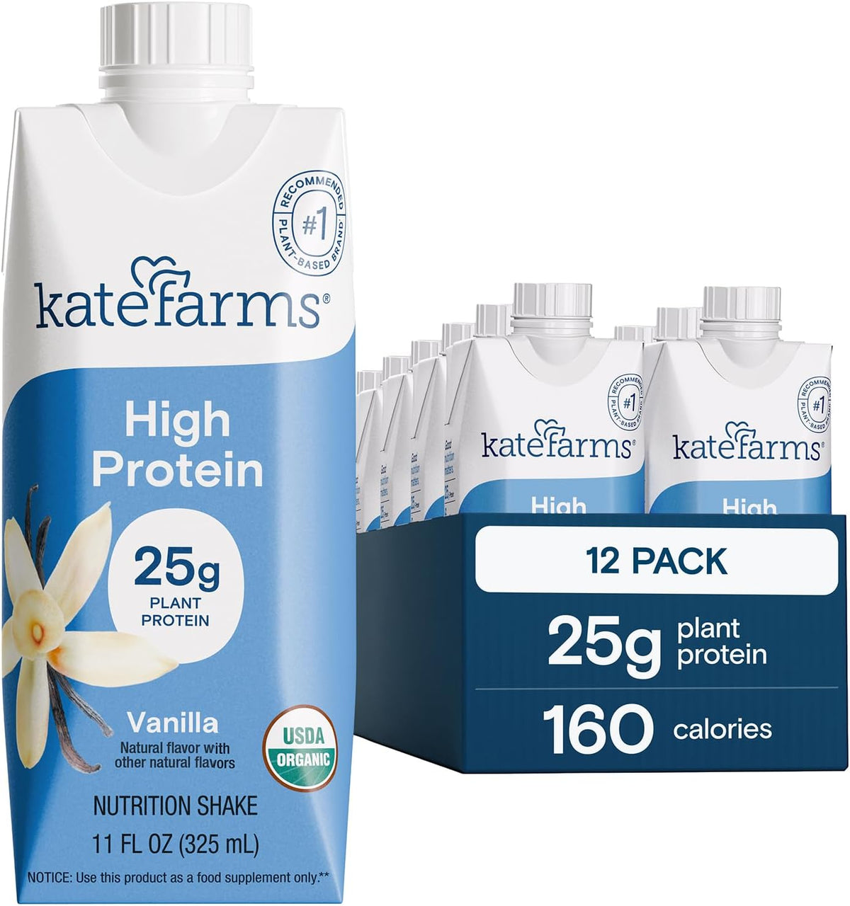 KATE FARMS Organic High Protein Vanilla Shake, 25g Protein, 12 Pack