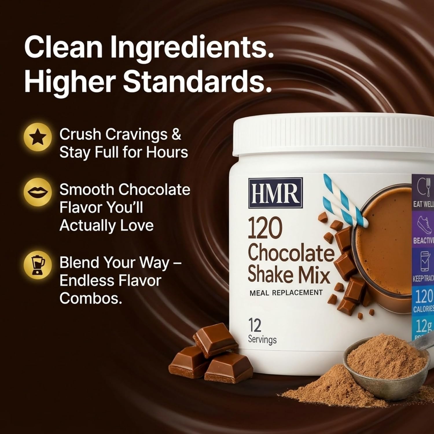 HMR 120 Chocolate Meal Replacement Shake Powder, 12 Servings | Meal Replacement Shake – Rich Chocolate Flavor – 120 Shake Powder – 12g Protein – 12 Servings