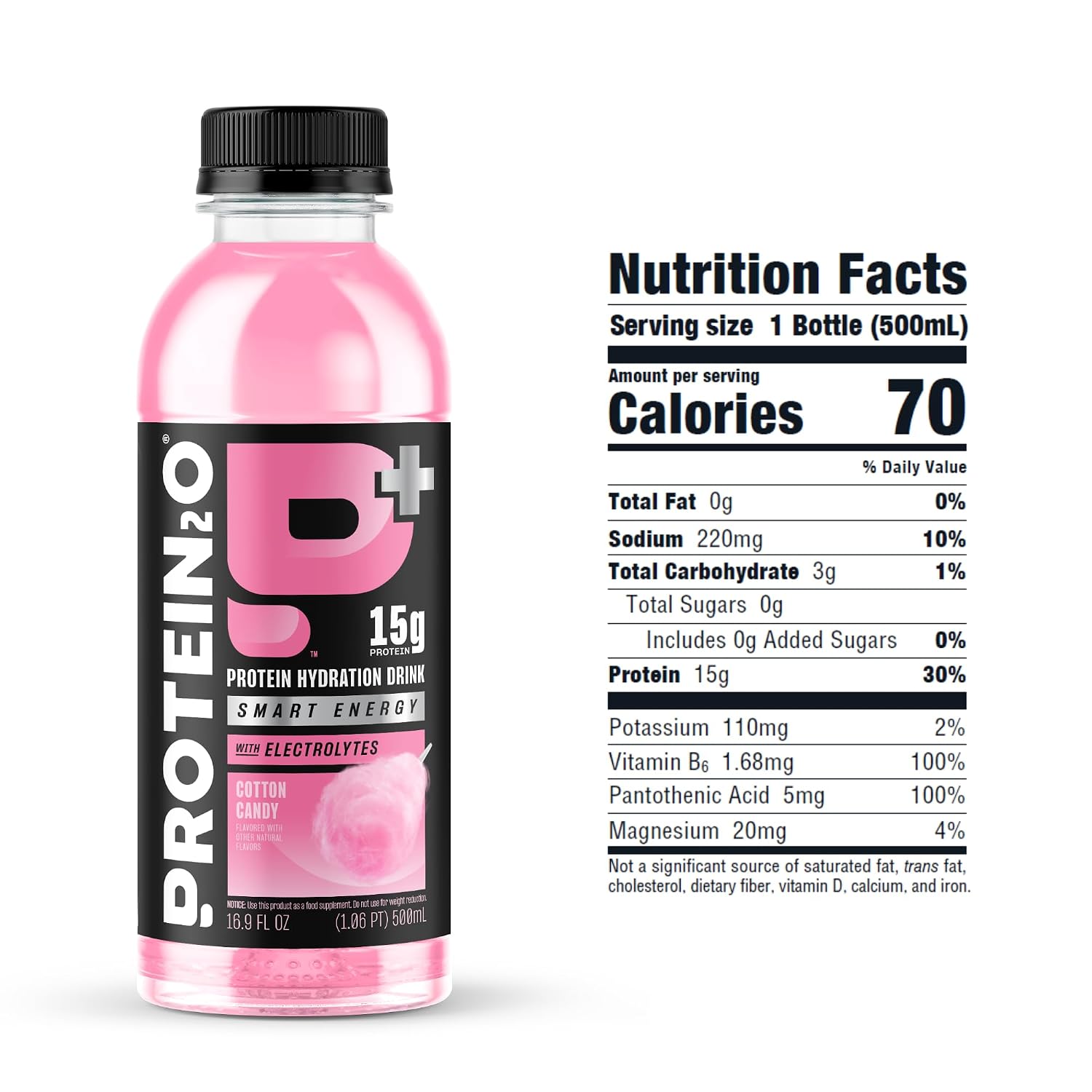 Protein2o 15g Whey Protein Isolate Hydration Drink Plus Energy & Focus, 350mg of Electrolytes, Vitamins B5 & B6, Sugar Free, Cotton Candy, 16.9 oz Bottle (Pack of 12)