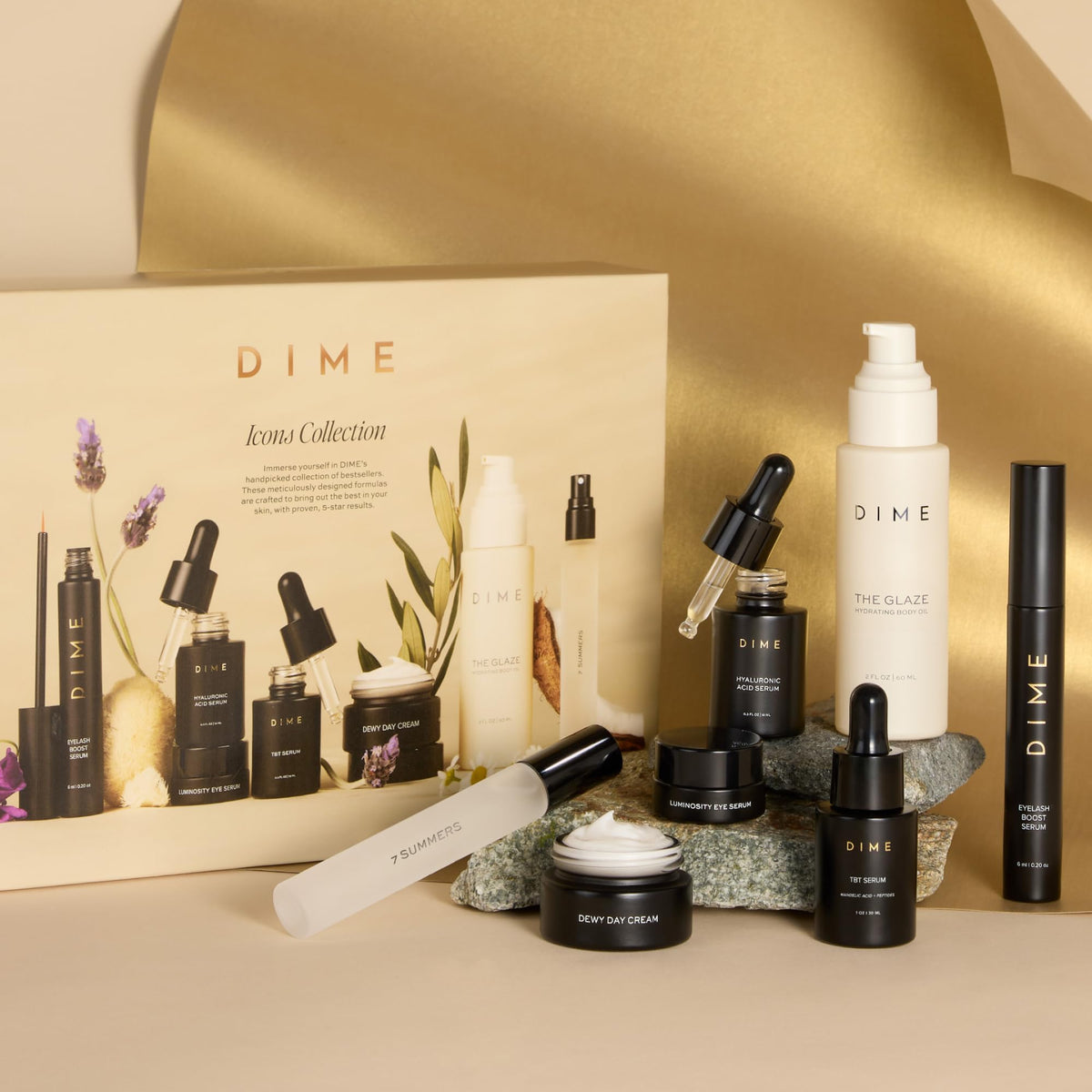 DIME Beauty Icons Collection - Travel Size Skincare Discovery Set with 7 Summers Perfume, Eyelash Boost Serum, Luminosity Eye, Glaze Body Oil, Hyaluronic Acid, Dewy Day Cream and TBT Serum