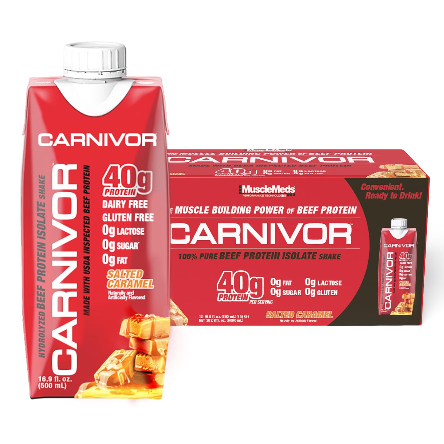 MuscleMeds Carnivor RTD, Ready to Drink Protein, Lactose Free, Sugar Free, 40g Isolate Protein, Muscle Building, Recovery, Chocolate, 16.9 Fl Oz (Pack of 12)