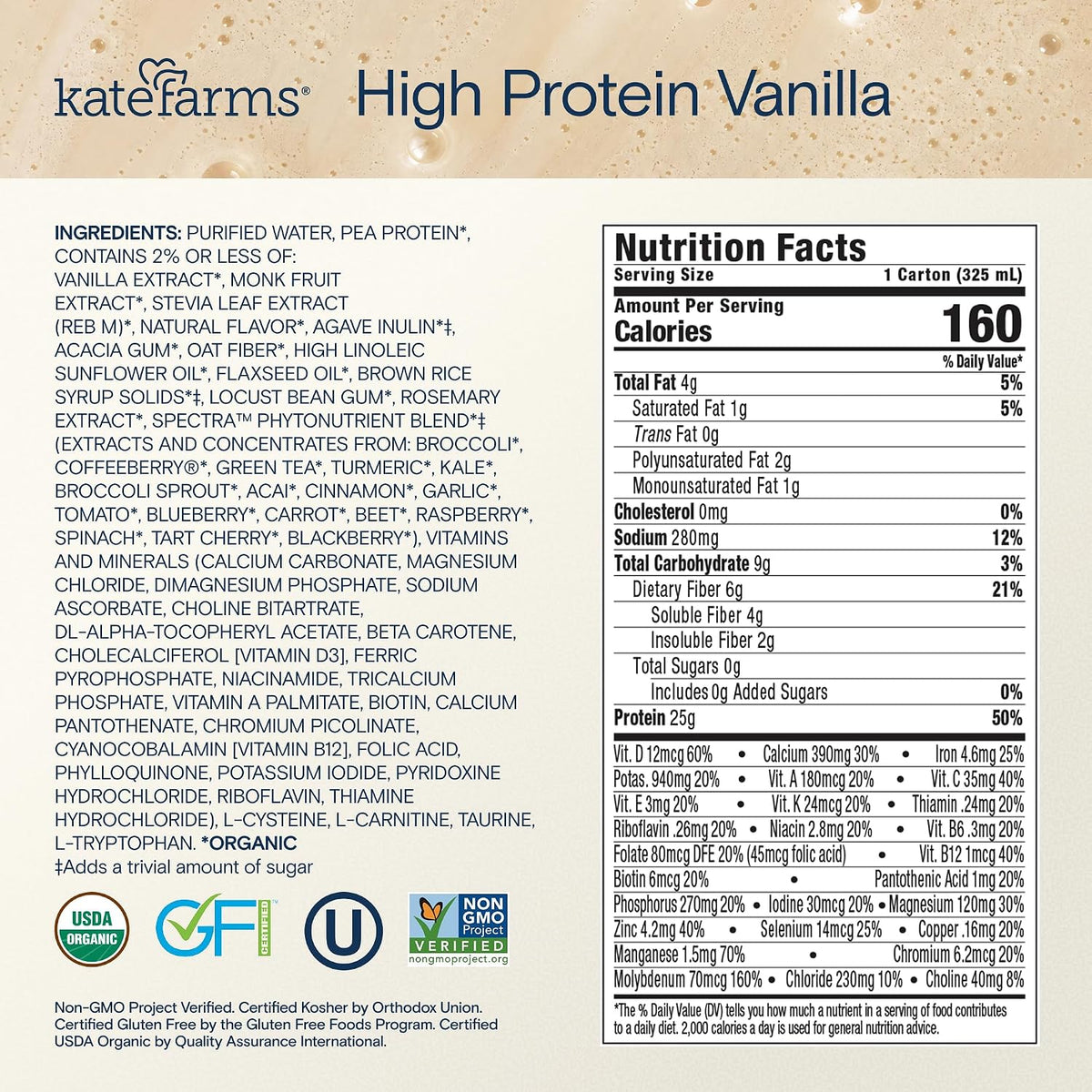 KATE FARMS Organic High Protein Vanilla Shake, 25g Protein, 12 Pack