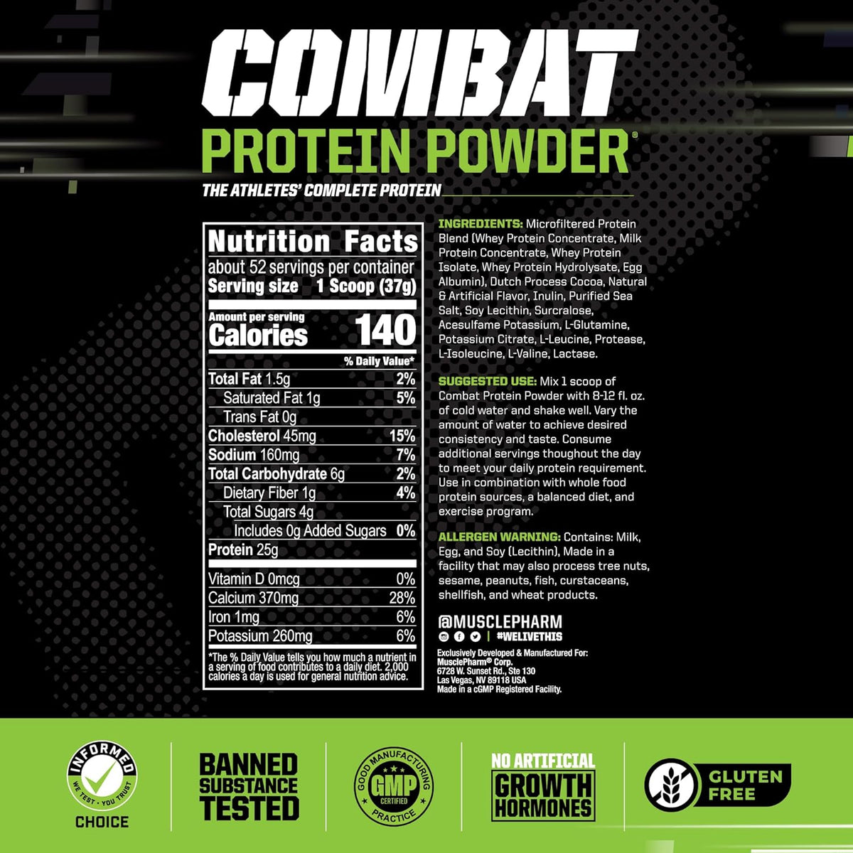 MusclePharm Combat Protein Powder, Chocolate Milk Flavor, Fuels Muscles for Productive Workouts, 5 Protein Sources including Whey Protein Isolate & Egg Albumin, Gluten Free, 4.2 lb, 52 Servings