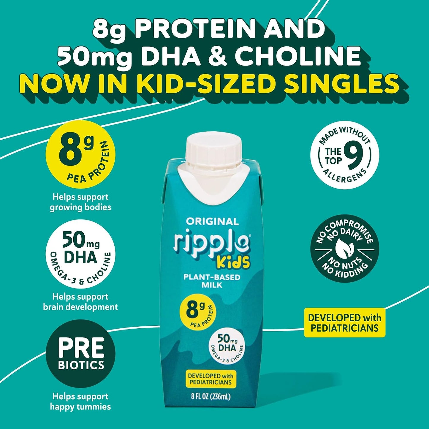 Ripple Kids Original Plant Based Milk | Pediatrician Recommended | 8g Pea Protein | Shelf Stable | Vegan & Non GMO Certififed | Dairy, Soy, Nut, Gluten, and Lactose Free | 8 Fl Oz (Pack of 12)